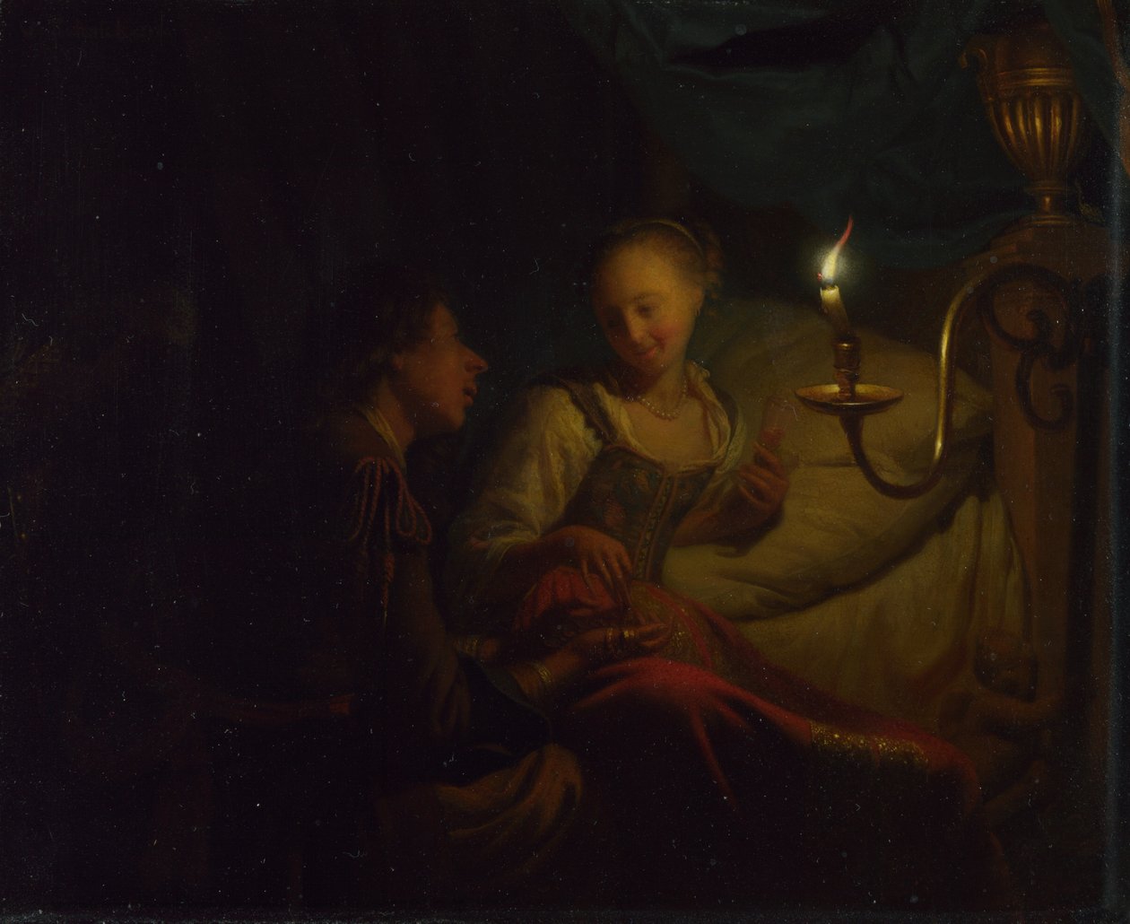Kynttilänvalokohtaus. Mies tarjoaa kultaketjun ja kolikoita sängyllä istuvalle tytölle, n. 1665-1667 tekijältä Godfried Cornelisz Schalcken