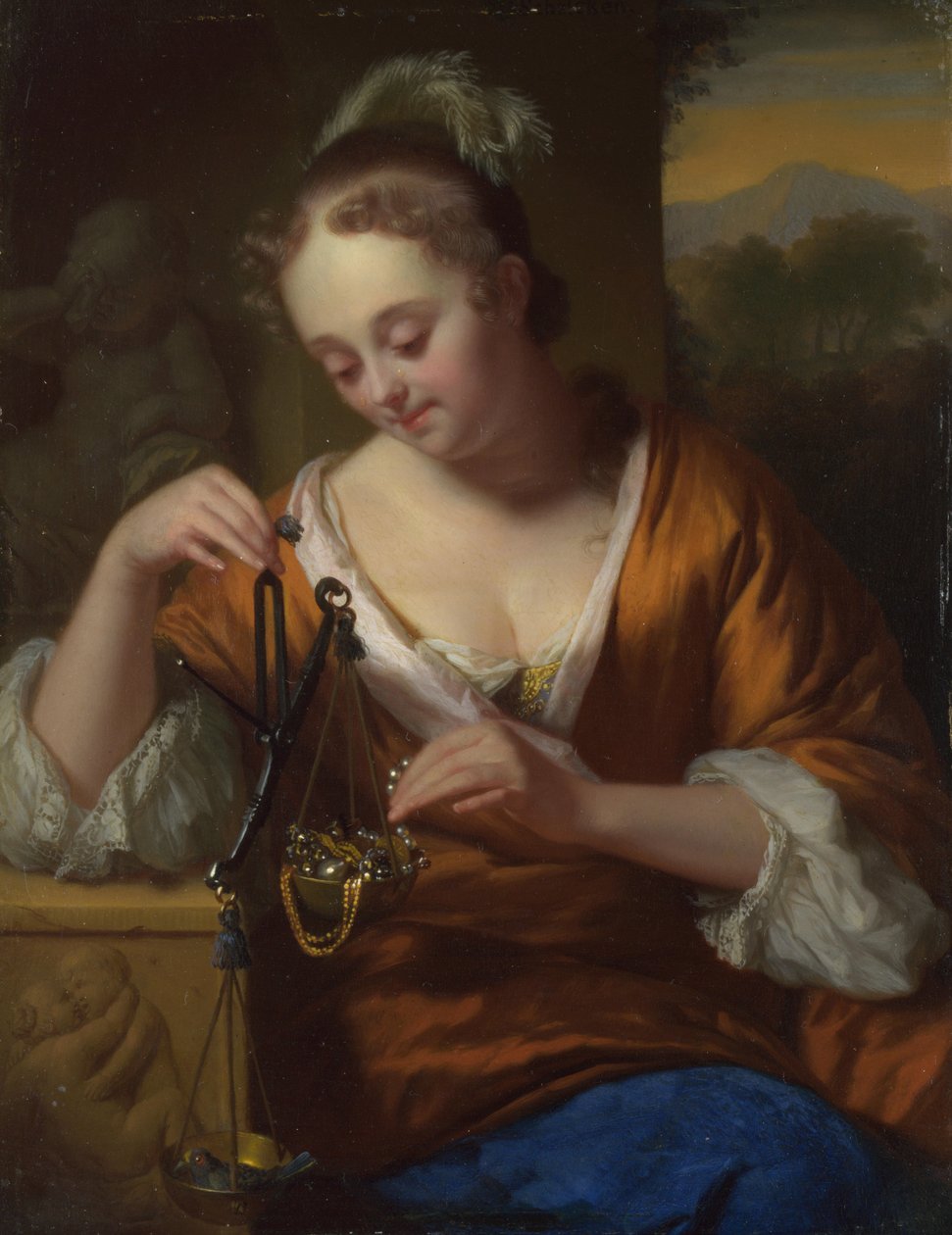 Hyveen ja rikkauksien allegoria, n. 1665-1667 tekijältä Godfried Cornelisz Schalcken