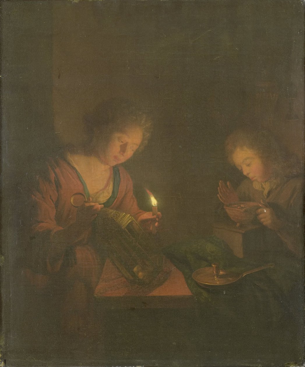 Tuli ja valo (tyttö laittaa kynttilän lyhtyyn ja poika puhaltaa hiilelle hankaavassa astiassa) tekijältä Godfried Schalcken (attributed to)