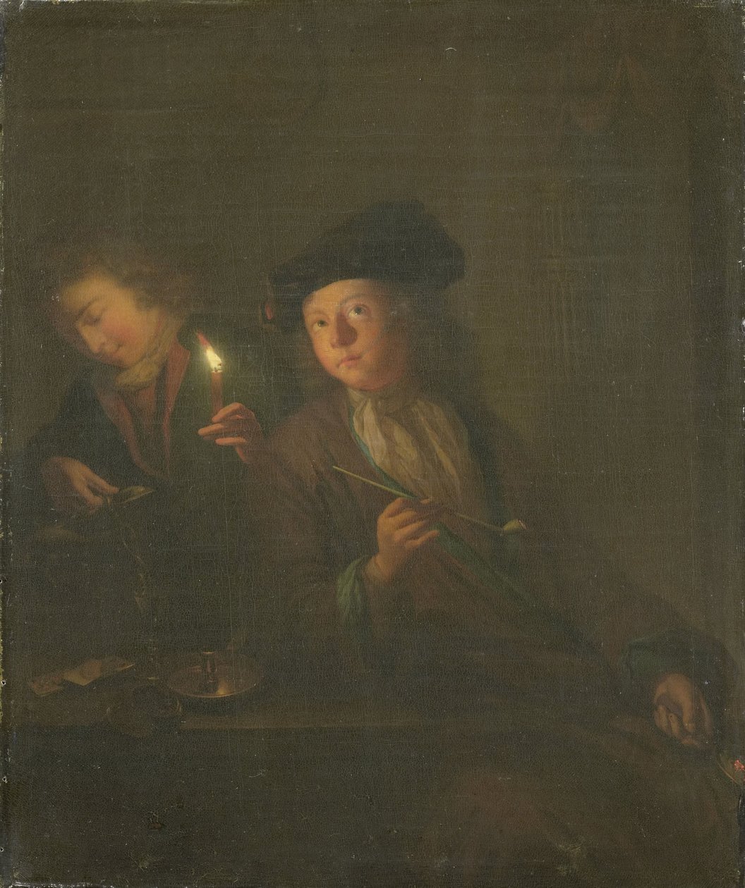 Smoker (mies piipulla ja mies kaataa juomaa lasiin) tekijältä Godfried Schalcken (attributed to)