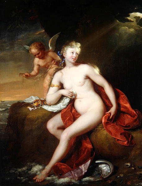 Vastasyntynyt Venus, josta Cupid huolehti (öljy kankaalle) tekijältä Godfried Schalcken