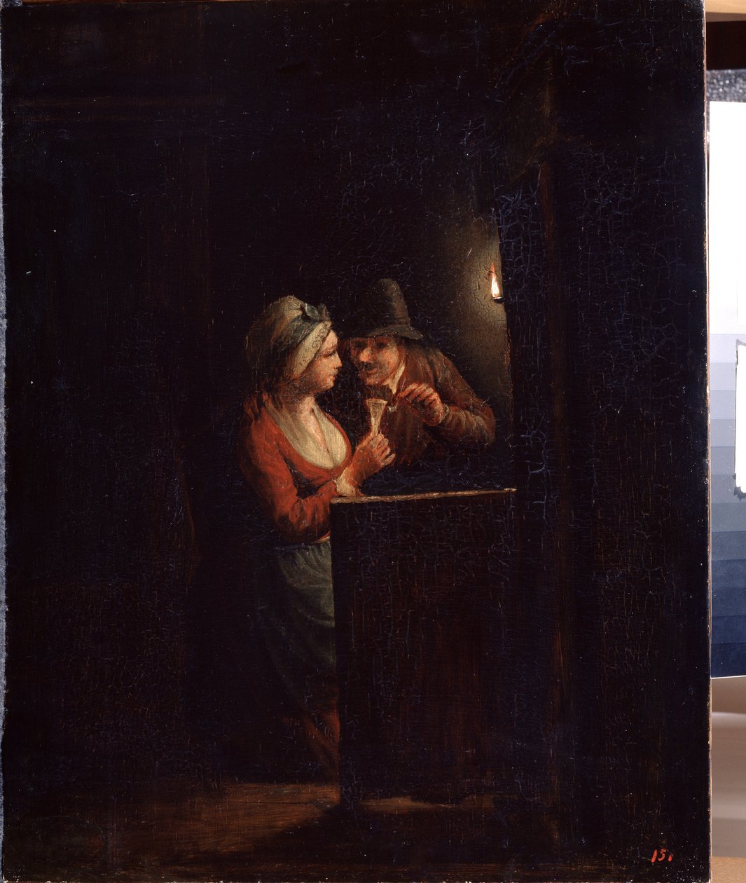 Mies ja nainen kynttilänvalossa. Godfried Cornelisz Schalckenin (1643-1706) maalaus. Öljy kankaalle, 31 x 25 cm. Hollantilainen taide, barokkitaide. Valtion ulkoilmamuseo Palace Gatchina, Pietari. tekijältä Godfried Schalcken