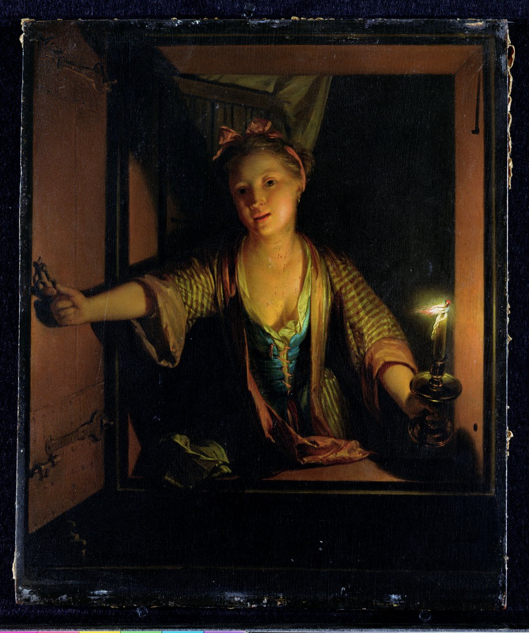 Tyttö ikkunan ääressä (öljy laudalle) tekijältä Godfried Schalken or Schalcken