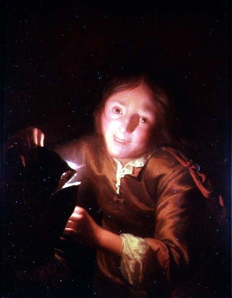 Nuori poika pitelee kynttilää Halloween-naamion takana tekijältä Godfried Schalcken