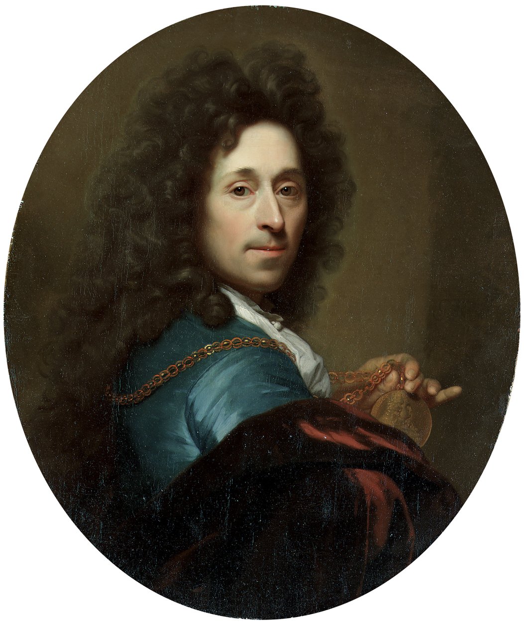 Muotokuva taiteilijasta sinisessä takissa ja ruskeassa samettiviittassa, vaaliruhtinas Palatinuksen Johann Wilhelmin medaljonki tekijältä Godfried Schalcken