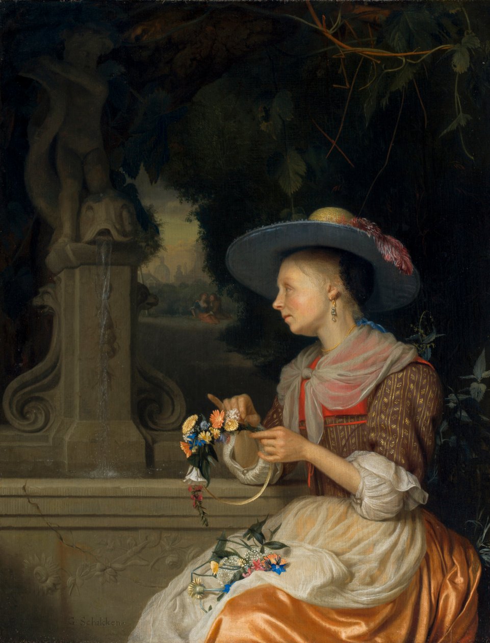Nainen kutomassa kukkakruunua, n. 1675-1680 tekijältä Godfried Schalcken