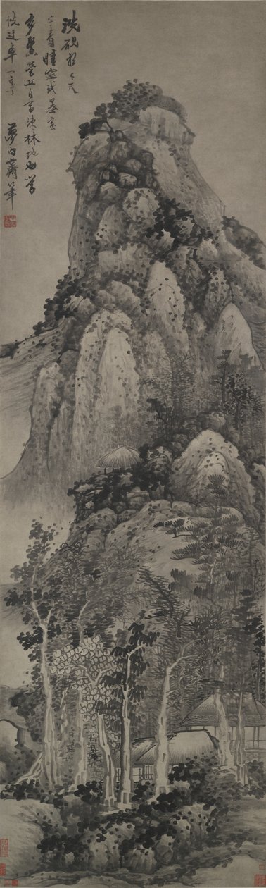 A Lofty Pavilion, Hanging Scroll, n. 1683 (muste paperille) tekijältä Gong Xian