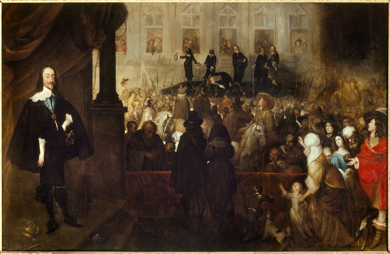 Charles I:n teloitus Whitehall Squarella (Valkoinen sali Lontoossa). Charles I Stuart (1600-1649) Englannin, Skotlannin ja Irlannin kuningas vuosina 1625-1649 decapita ensimmäisen Englannin vallankumouksen aikana. Gonzales Hullsin maalaus (1614-1684) Ec. F tekijältä Gonzales Coques