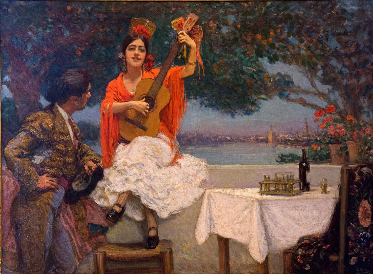 Maalaus Gitana ja härkätaistelija, taustalla Guadalquivir, Gonzalo Bilbao tekijältä Gonzalo Bilbao