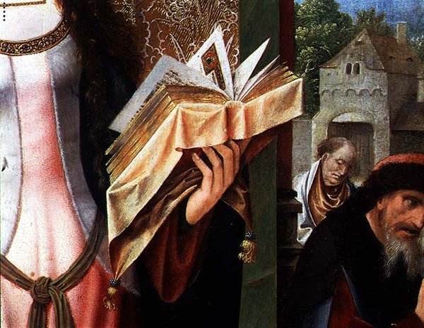 Pyhä Katariina ja filosofit, yksityiskohta rukouskirjasta (öljy paneelille) (yksityiskohta kuvasta 80755) tekijältä Goossen van der Weyden
