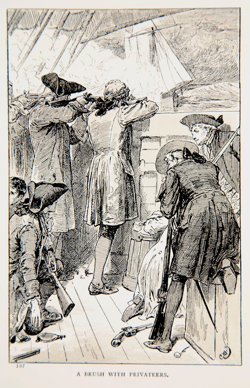 Sivellin Privateersilla, kuvitus teoksesta "Clive in India, or the Beginnings of an Empire", kirjoittanut G.A. Henty, pubi. Lontoo, 1884 tekijältä Gordon Frederick Browne