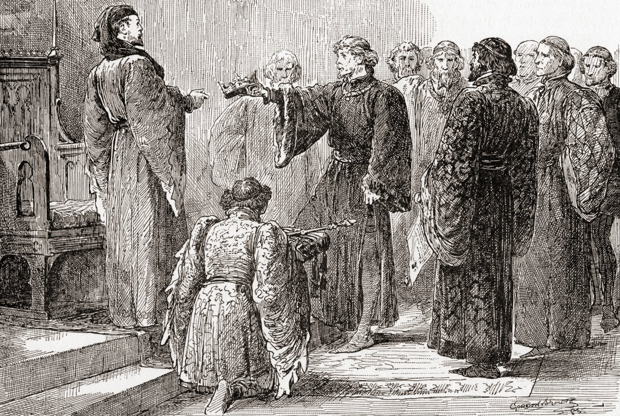 Kohtaus William Shakespearen Kuningas Richard II:sta, IV näytös, kohtaus 1, Kuningas Richard: Tässä, serkku, tartu kruunuun, William Shakespearen teoksista, julkaistu 1896 tekijältä Gordon Frederick Browne