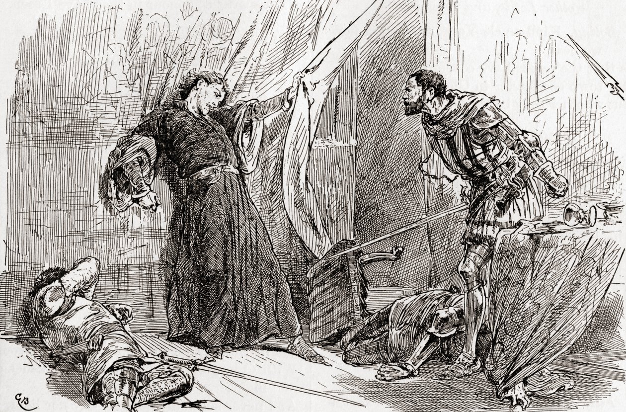 Kohtaus William Shakespearen Kuningas Richard II:sta, V näytös, kohtaus 5, kuningas Richard: Exton, kiivas kätesi on kuninkaiden verellä tahrannut kuninkaiden oman maan, teoksesta The Works of William Shakespeare, publ. tekijältä Gordon Frederick Browne