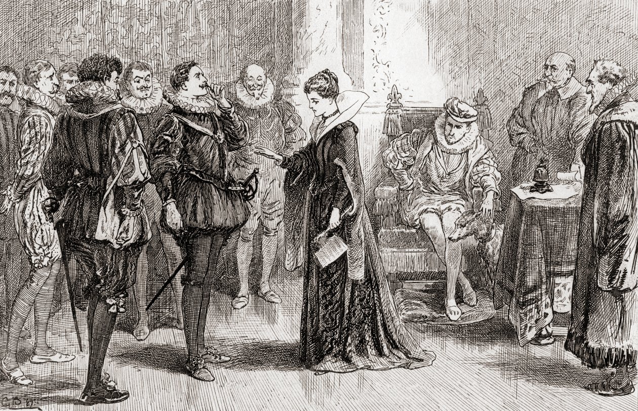 Kohtaus William Shakespearen näytelmästä Kaikki hyvin, joka päättyy hyvin, näytös II, kohtaus 3, Helena Bertramille: Tämä on mies, William Shakespearen teoksista, julkaistu 1896 tekijältä Gordon Frederick Browne