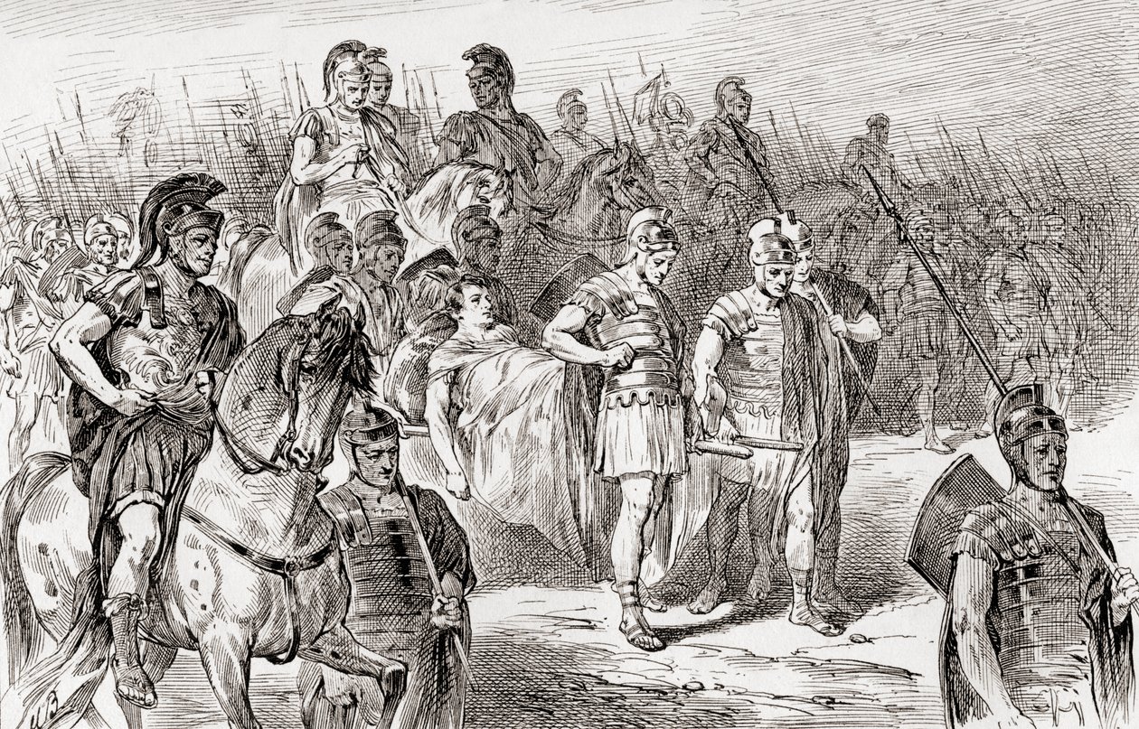 Kohtaus William Shakespearen näytelmästä Antonius ja Kleopatra, näytös III, kohtaus 1, Ventidius: Bear the Kings sons body ennen armeijaamme, William Shakespearen teoksista, julkaistu 1896 tekijältä Gordon Frederick Browne