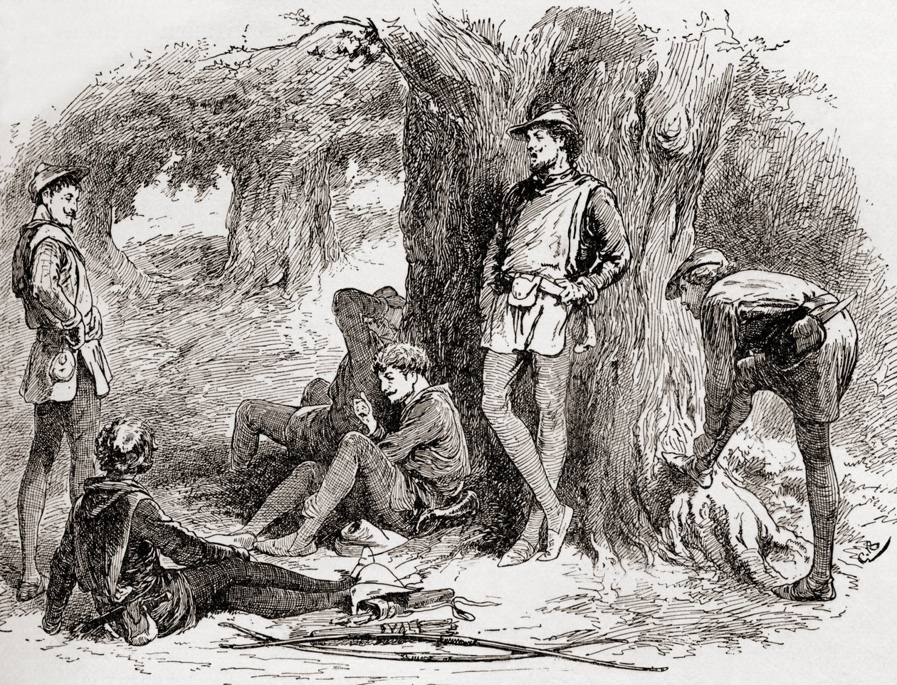 Kohtaus William Shakespearesin näytelmästä Kuten pidät, näytös II, kohtaus 5, Amiens: Viherpuun alla, joka rakastaa makaa kanssani ja kääntää iloinen nuottinsa suloisten lintujen kurkkuun. Tule tänne, com tekijältä Gordon Frederick Browne