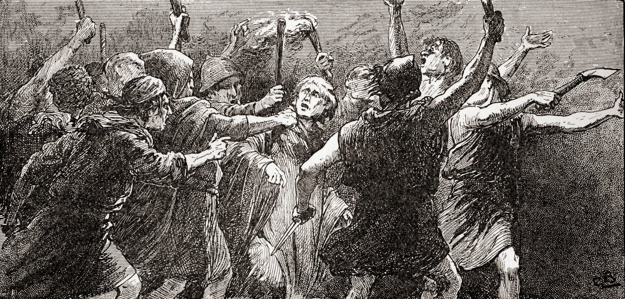 Kohtaus William Shakespearen näytelmästä Julius Caesar, III näytös, kohtaus 3, Kolmas kansalainen: repi hänet, repi hänet, William Shakespearen teoksista, julkaistu 1896 tekijältä Gordon Frederick Browne