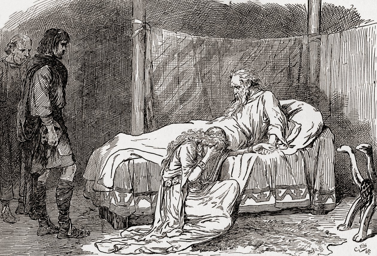Kohtaus William Shakespearen näytelmästä Kuningas Lear, näytös IV, kohtaus 7, Lear: Rukoilen, älä itke. Jos sinulla on myrkkyä minulle, juon sen. Tiedän, että et rakasta minua, sillä sisaresi rakastavat, kuten muistan tekijältä Gordon Frederick Browne