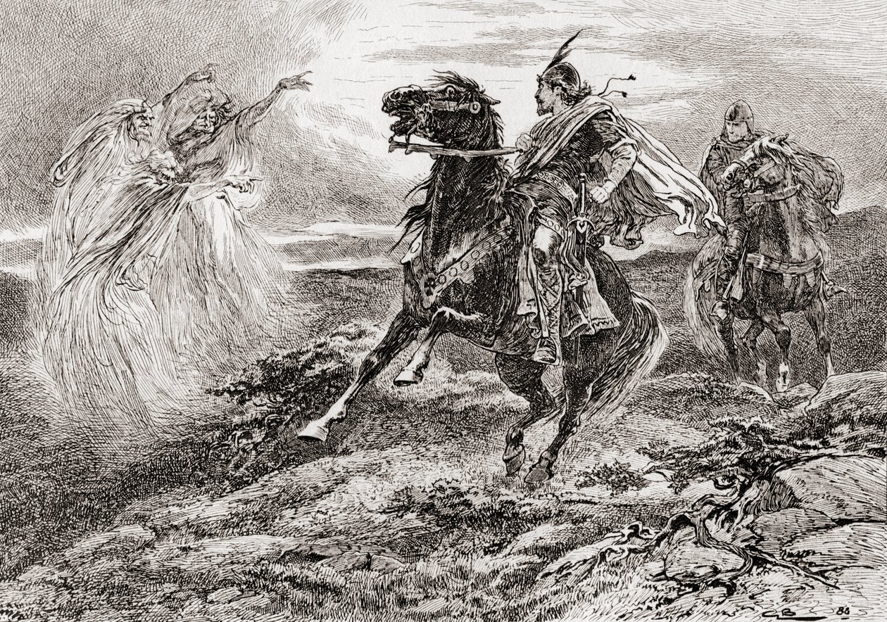 Kohtaus William Shakespearen näytelmästä Macbeth, näytös I, kohtaus 3, Ensimmäinen noita: Terve, Macbeth! terveisiä sinulle, Glamisin tana, William Shakespearen teoksista, julkaistu 1896 tekijältä Gordon Frederick Browne