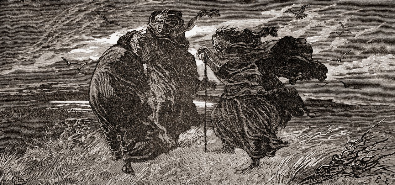 Kohtaus William Shakespearen näytelmästä Macbeth, näytös I, kohtaus I, Ensimmäinen noita: Milloin me kolme tapaamme jälleen, ukkosen, salaman vai sateen aikana?, William Shakespearen teoksista, julkaistu 1896 ( tekijältä Gordon Frederick Browne