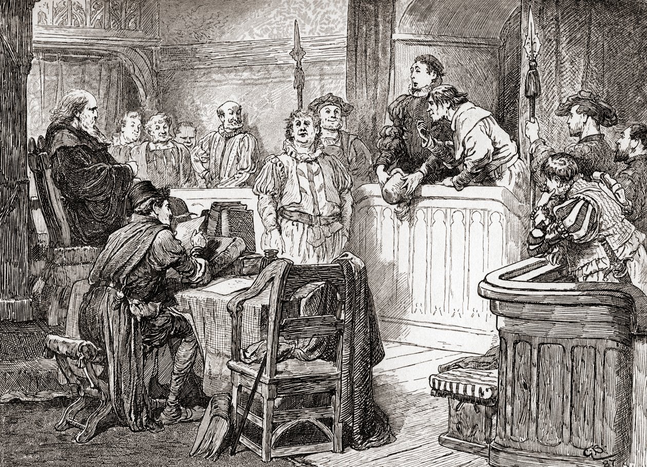 Kohtaus William Shakespearen näytelmästä Measure for Measure, näytös II, kohtaus 1, Pompey Bum: Näkeekö kunniasi mitään pahaa hänen kasvoissaan?, William Shakespearen teoksista, julkaistu 1896 tekijältä Gordon Frederick Browne