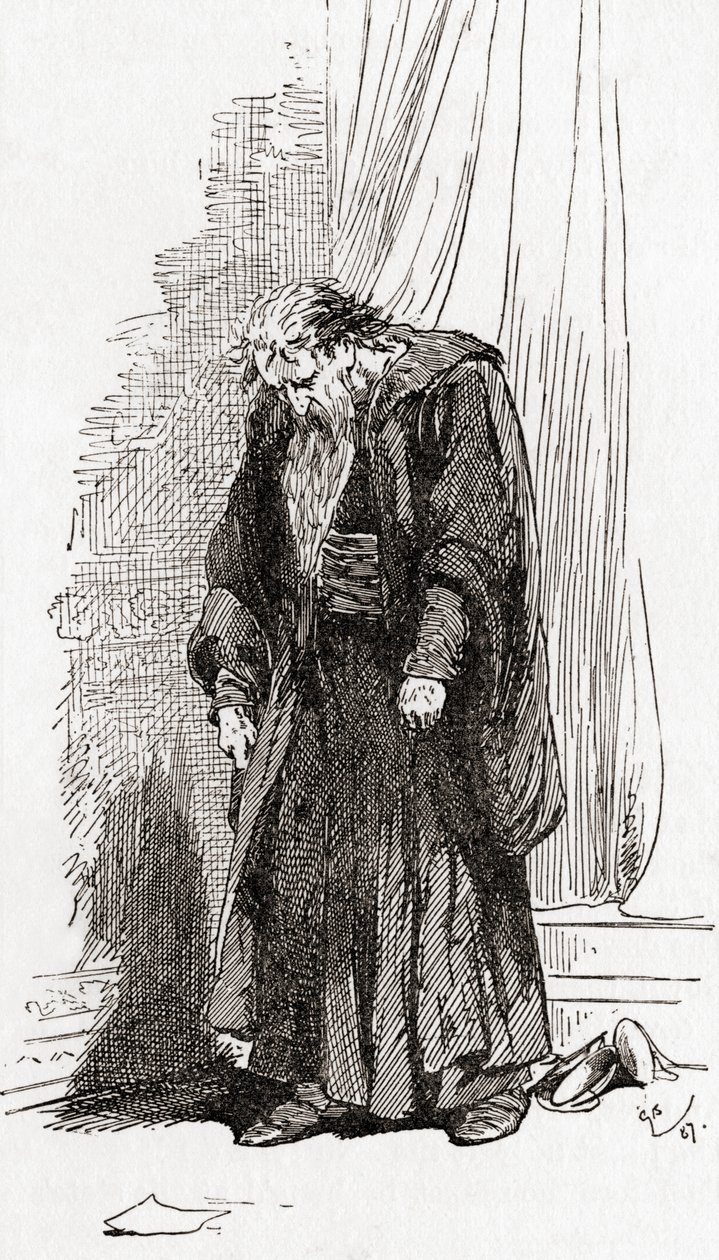Kohtaus William Shakespearen näytelmästä Venetsian kauppias, IV näytös, kohtaus 1, Shylock: Rukoilen sinua, anna minulle lupa lähteä täältä. En voi hyvin, William Shakespearen teoksista, julkaistu 1896 (esim tekijältä Gordon Frederick Browne