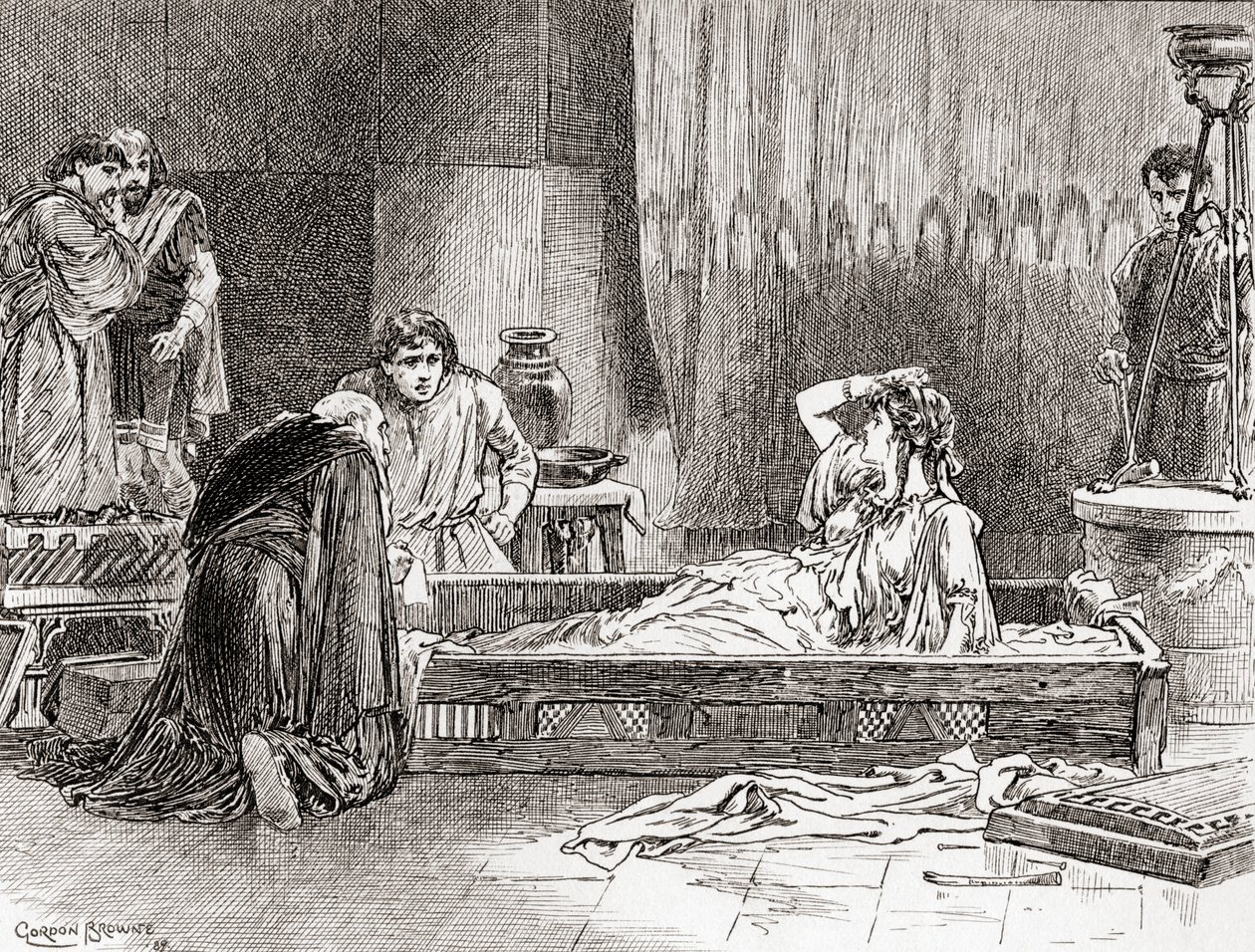 Kohtaus William Shakespearen näytelmästä Perikles, Tyroksen prinssi, näytös III, kohtaus 2, Thaisa: Oi, rakas Diana, missä minä olen? Missä herrani on? Mikä maailma tämä on?, William Shakespearen teoksista, julkaise tekijältä Gordon Frederick Browne