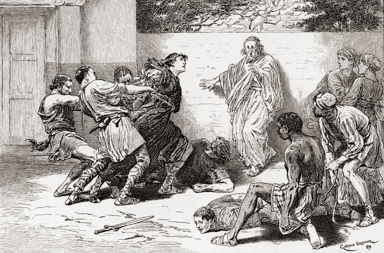 Kohtaus William Shakespearen näytelmästä Virheiden komedia, V näytös, kohtaus 4, Adriana: Oi, sido hänet, sido hänet, älä anna hänen tulla lähelleni. Pinch: Lisää seuraa, paholainen on vahva hänessä, The Wordista tekijältä Gordon Frederick Browne