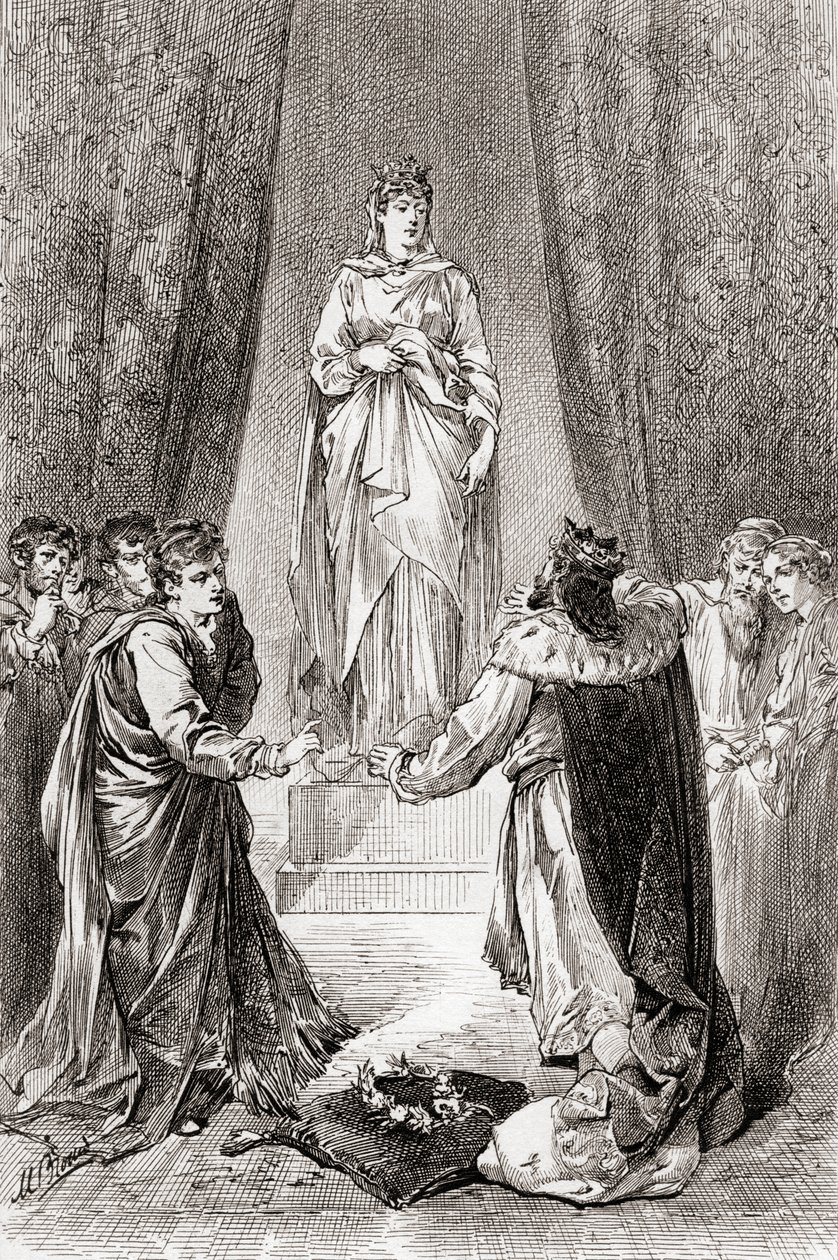 Kohtaus William Shakespearen näytelmästä Talven tarina, V näytös, kohtaus 3, Leontes: Älköön kukaan pilkkaako minua, sillä minä suutelen häntä, William Shakespearen teoksista, julkaistu 1896 tekijältä Gordon Frederick Browne