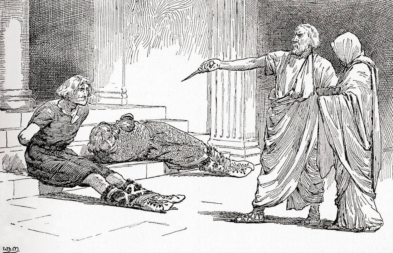 Kohtaus William Shakespearen näytelmästä Titus Andronicus, V näytös, kohtaus 2, Titus: Tule, tule, Lavinia, katso, vihollisesi on sidottu, William Shakespearen teoksista, julkaistu 1896 tekijältä Gordon Frederick Browne