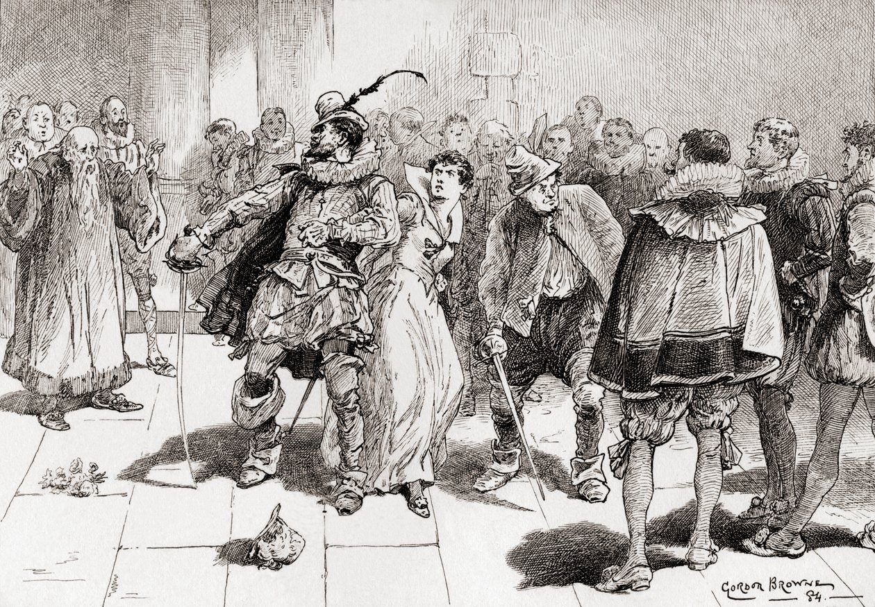 Petruchio: Älä pelkää, kultaseni, he eivät kosketa sinua Kate, lyö sinua miljoona vastaan, kohtaus William Shakespearesin näytelmästä The Taming of the Shrew, näytös III, kohtaus 2, teoksista The Works of tekijältä Gordon Frederick Browne