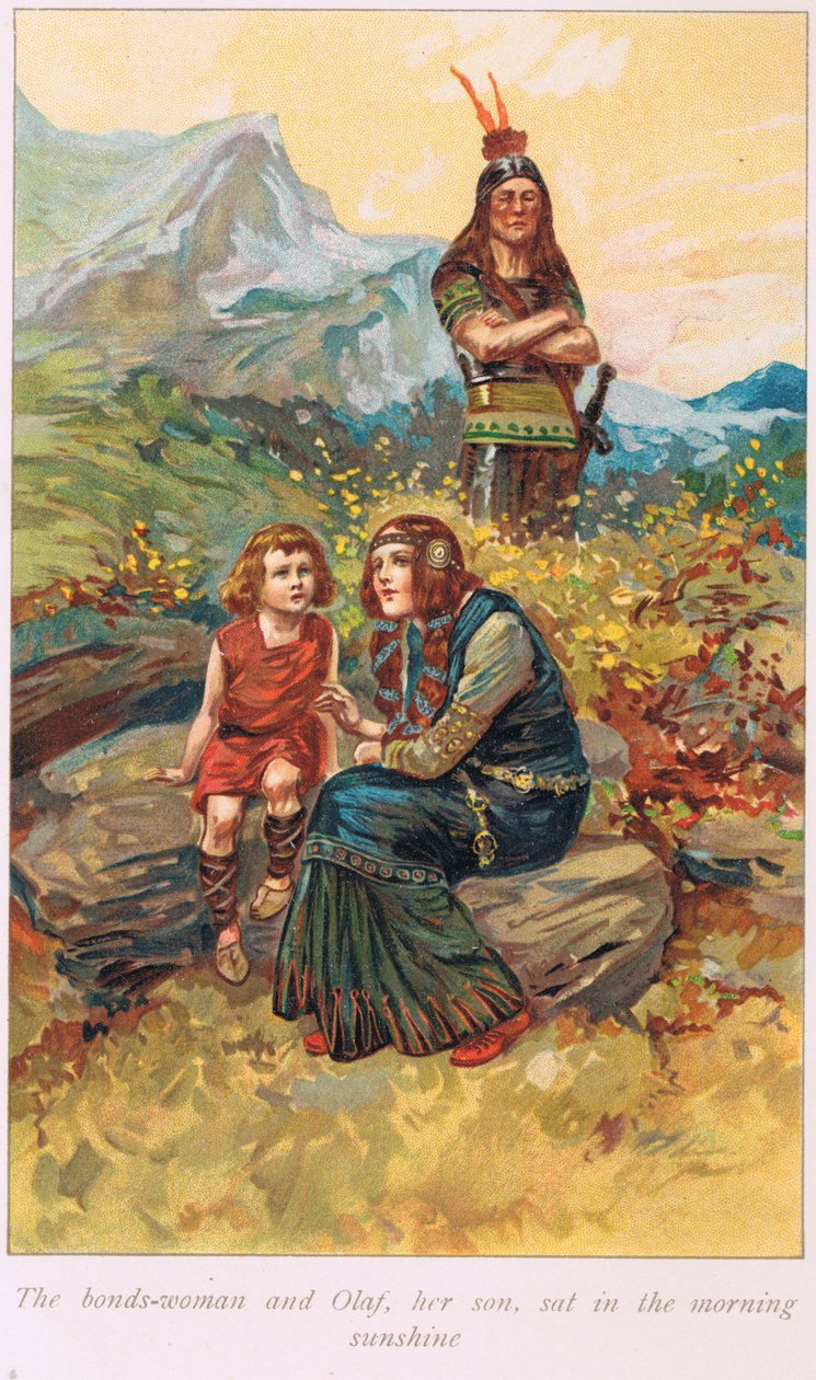 Bondswoman ja Olaf, hänen poikansa, istuivat aamun auringonpaisteessa, kuvitus Alice S. Hoffmanin vuonna 1926 julkaisemasta The Book of Sagas -kirjasta. tekijältä Gordon Frederick Browne