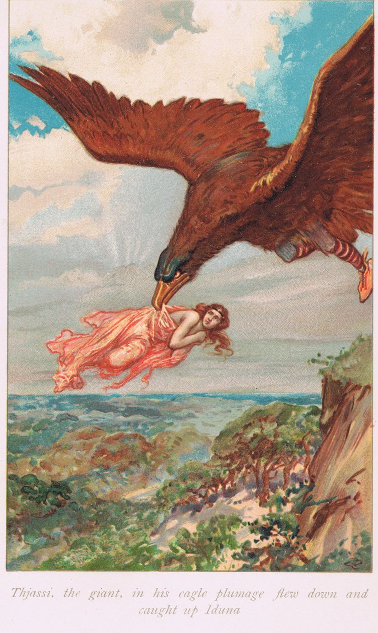 Thjassi, jättiläinen kotkan höyhenpuvussaan, lensi alas ja otti Idunan kiinni, kuvitus Alice S. Hoffmanin vuonna 1926 julkaisemasta The Book of Sagas -teoksesta. tekijältä Gordon Frederick Browne