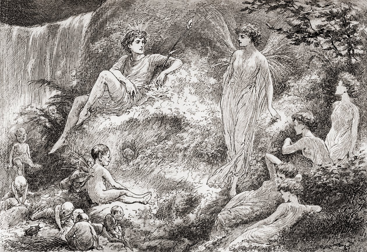 Titania: Aseta sydämesi rauhaan: Keijumaa ei osta minun lastani, kohtaus William Shakespearesta Kesäyön unelma, II näytös, kohtaus 1, William Shakespearen teoksista, julkaistu 18. tekijältä Gordon Frederick Browne