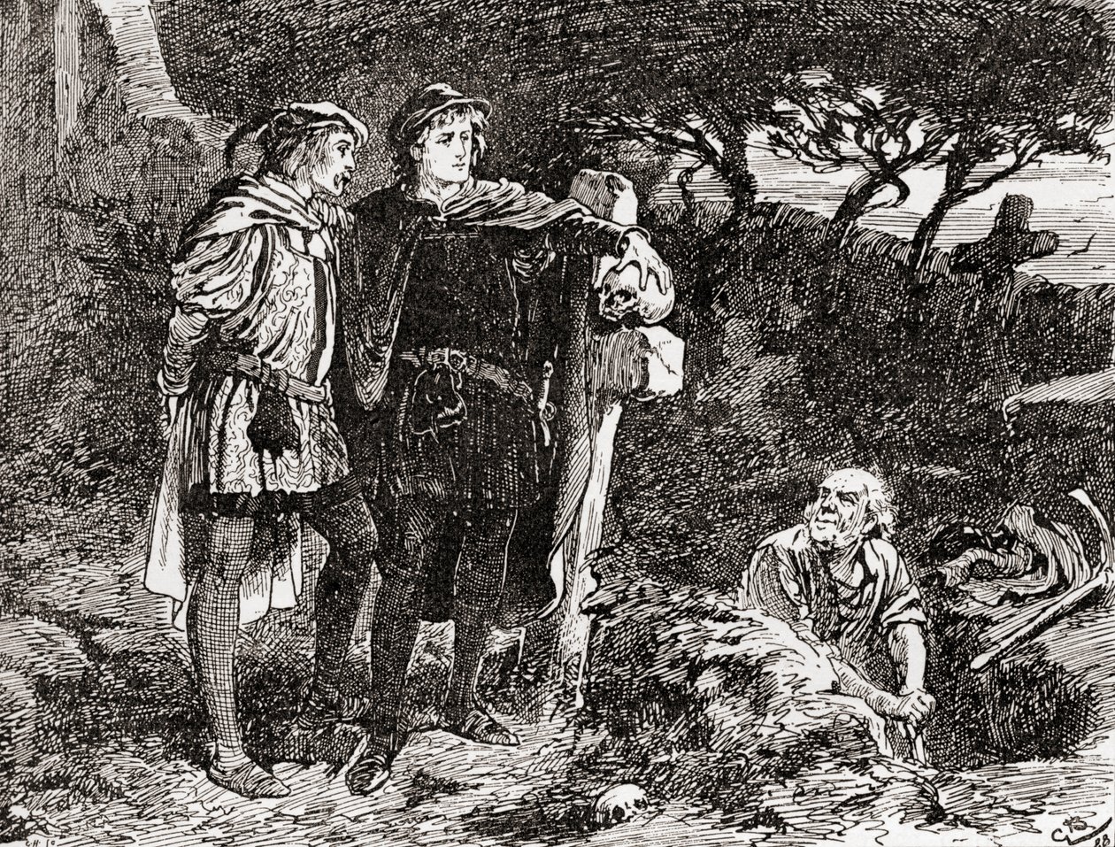 Kohtaus William Shakespearen näytelmästä Hamlet, V näytös, kohtaus 1, Hamlet: Minä tunnen hänet, Horatio, äärettömän pilailija, mitä mainioin mielikuvitus, William Shakespearen teoksista, julkaistu 1896 (e) tekijältä Gordon Frederick Browne