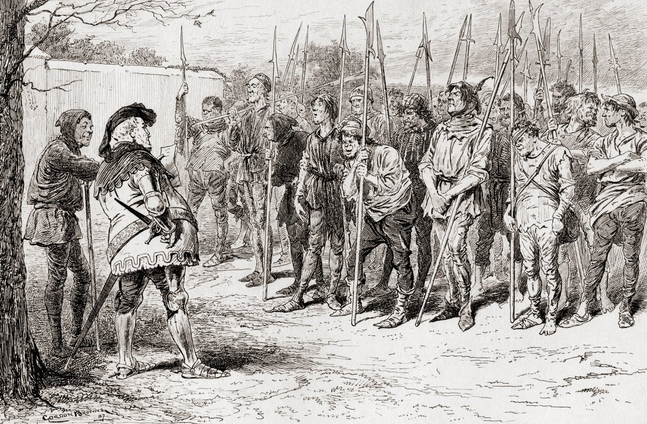 Kohtaus William Shakespearen näytelmästä Kuningas Henrik IV, osa 1, näytös IV, kohtaus 2, Falstaffin repaleinen rykmentti, William Shakespearen teoksista, julkaistu 1896 tekijältä Gordon Frederick Browne