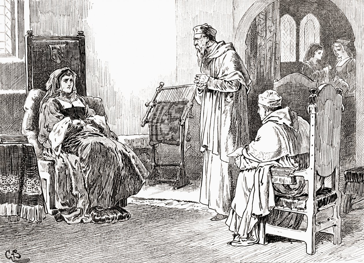 Kohtaus William Shakespearesin näytelmästä Kuningas Henrik VIII, näytös III, kohtaus 1, kuningatar Katherine: Tehkää mitä haluatte, herrani ja rukoilkaa minulle anteeksi, jos olen käyttänyt itseäni epätavallisesti, William Shan teoksista. tekijältä Gordon Frederick Browne