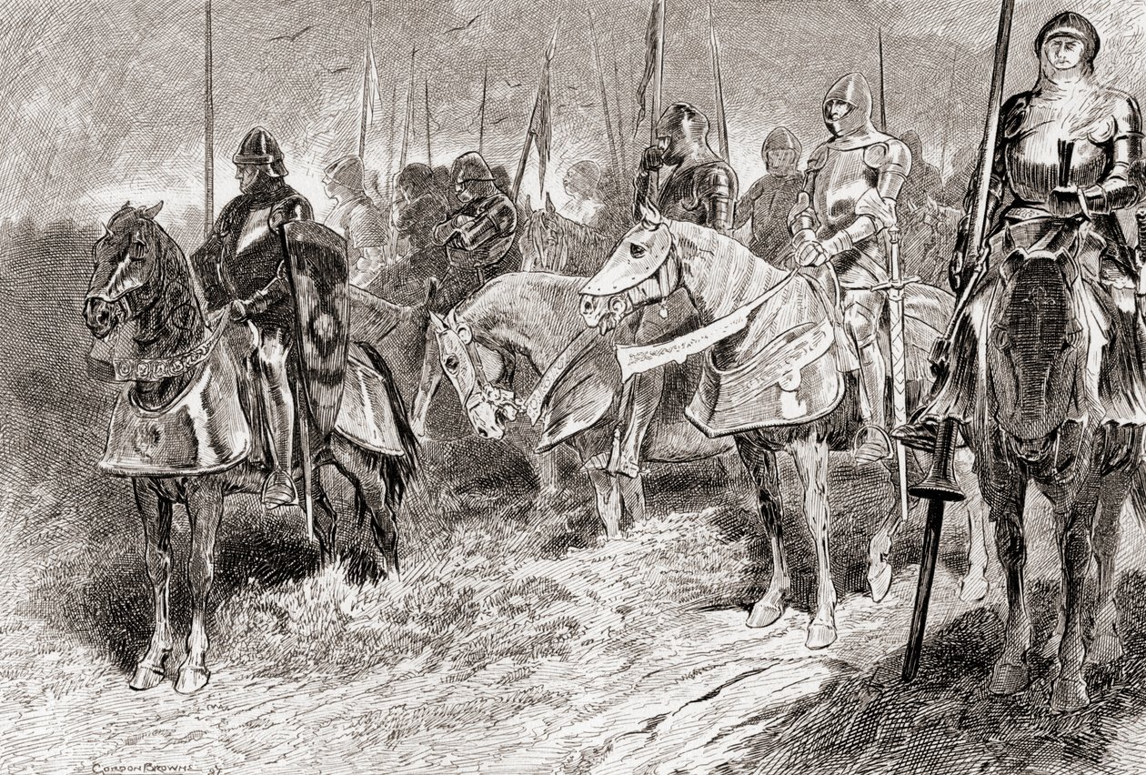Kohtaus William Shakespearesin näytelmästä Kuningas Henry V, IV näytös, kohtaus 2, Lord Grandpré: Ratsumiehet istuvat kuin kiinteät kynttilänjalat taskulamppujen kädessään, William Shakespearen teoksista, pu tekijältä Gordon Frederick Browne