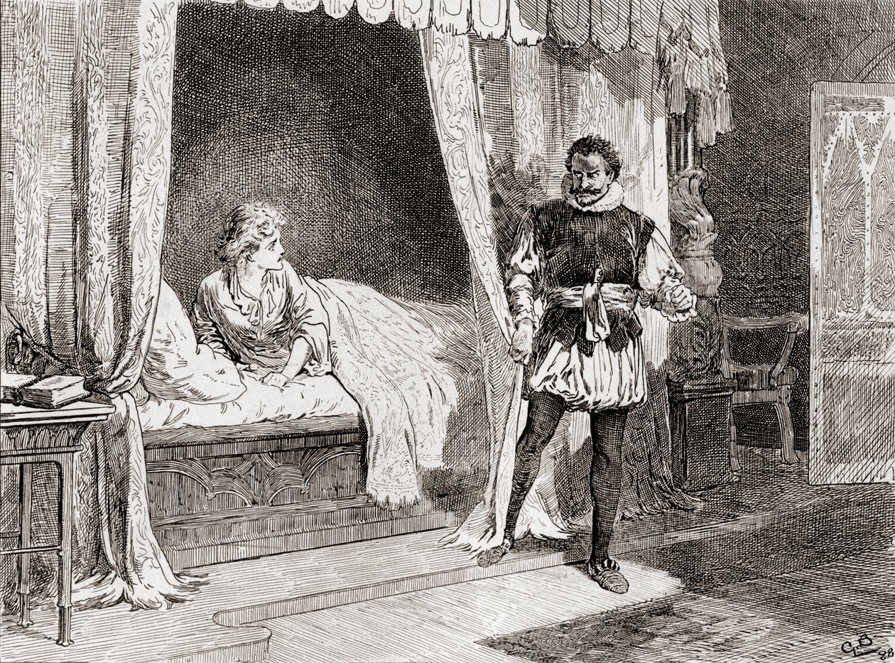 Kohtaus William Shakespearen näytelmästä Othello V näytöksen V kohtaus 2, Desdemona: Dendemona: Puhutko sinä tappamisesta? Othello: William Shakespearen teoksista, julkaistu 1896. tekijältä Gordon Frederick Browne