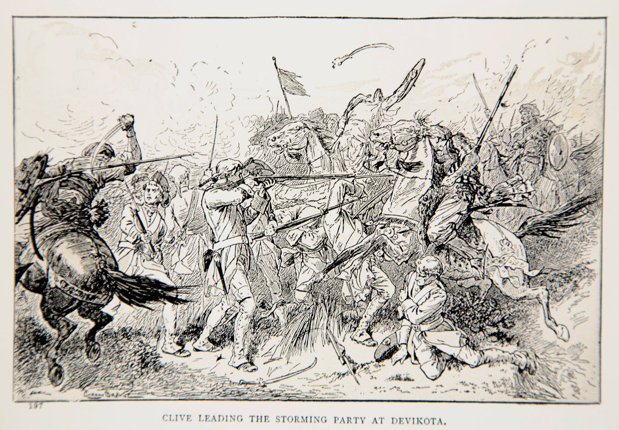 Clive johtaa Devikotan myrskyjuhlia, esimerkki G.A.:n teoksesta "Clive in India, or the Beginnings of an Empire". Henty, pubi. Lontoo, 1884 tekijältä Gordon Frederick Browne