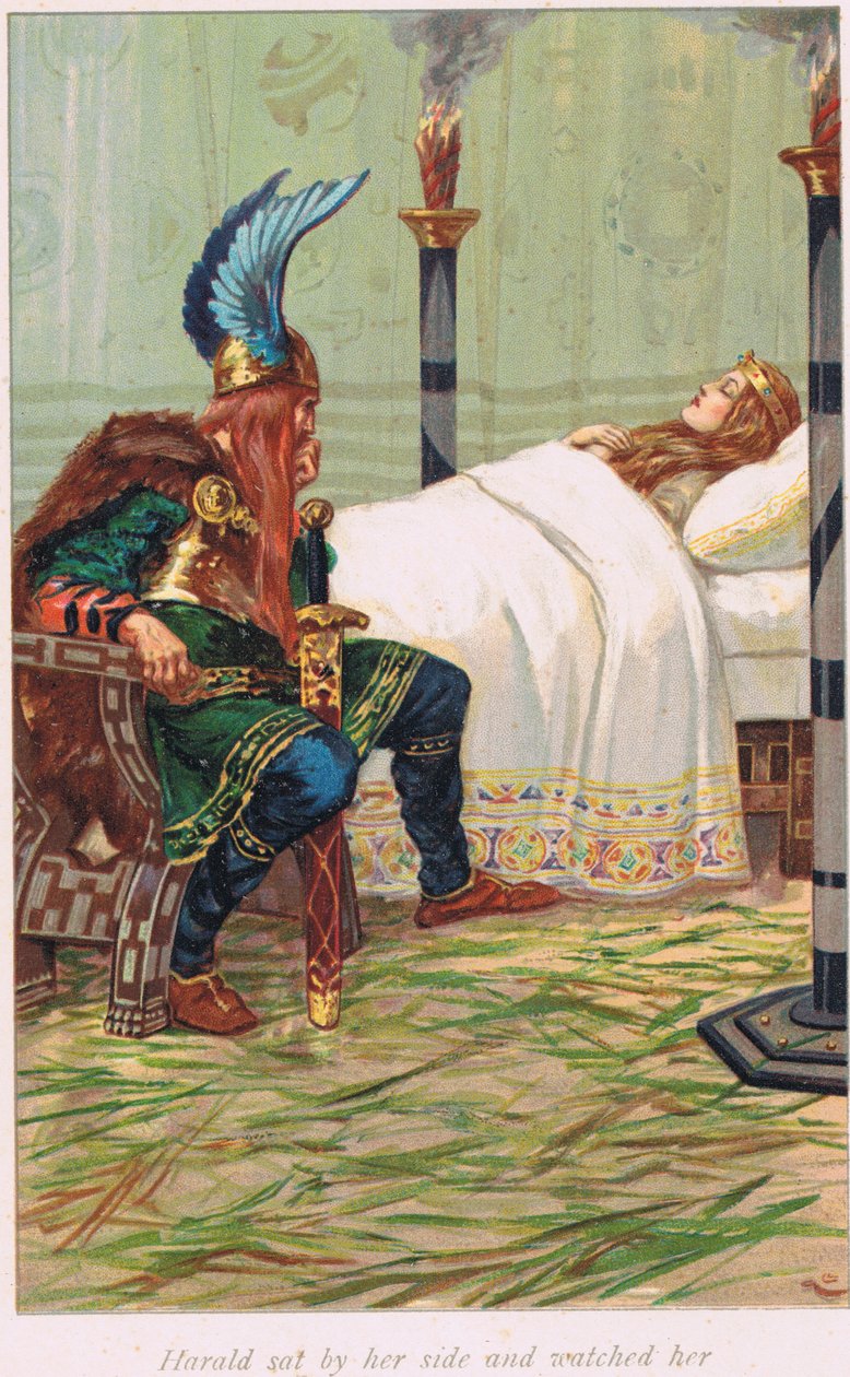 Harald istui hänen vierellään ja katseli häntä, kuvitus Alice S. Hoffmanin vuonna 1926 julkaisemasta saagakirjasta 