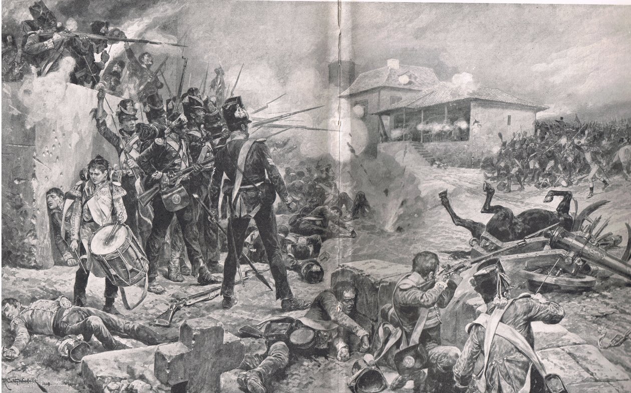 Kuinka 57. rykmentti voitti lempinimen "The Die Hards" Albueran taistelussa 16. toukokuuta 1811, kuva "British Battles on Land and Sea" -julkaisusta, julkaisija Cassell, Lontoo, noin 1910 tekijältä Gordon Frederick Browne
