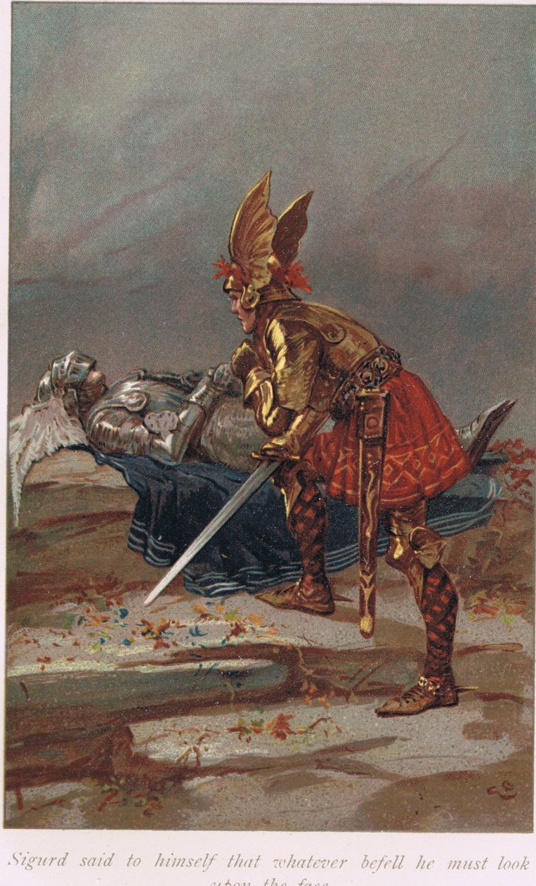 Sigurd sanoi itselleen, että tapahtuipa mitä tahansa, hänen on katsottava kasvoihin, kuvitus Alice S. Hoffmanin vuonna 1926 julkaistusta The Book of Sagas -kirjasta. tekijältä Gordon Frederick Browne