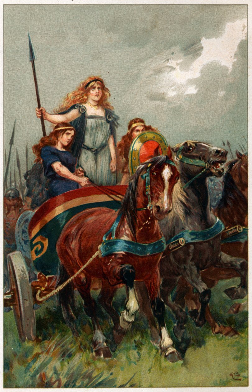 "Keihäs kädessä, Boadicea johti heidät hyökkäämään", esimerkki Alice S. Hoffmanin teoksesta "Englannin historian sankarit ja sankarit". tekijältä Gordon Frederick Browne