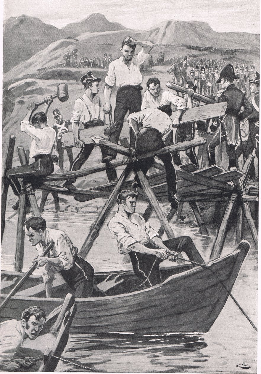 Guadianan ylittävän sillan rakentaminen, 3. huhtikuuta 1811, kuva julkaisusta "British Battles on Land and Sea", julkaisija Cassell, Lontoo, n. 1910 tekijältä Gordon Frederick Browne