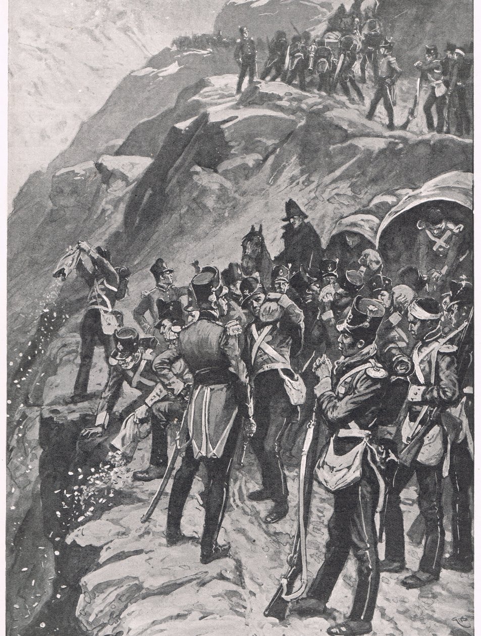 Retreat to Corunna: Hurling the Silver alas vuorenrinnettä, kuvitus teoksesta "British Battles on Land and Sea", julkaisija Cassell, Lontoo, noin 1910 tekijältä Gordon Frederick Browne
