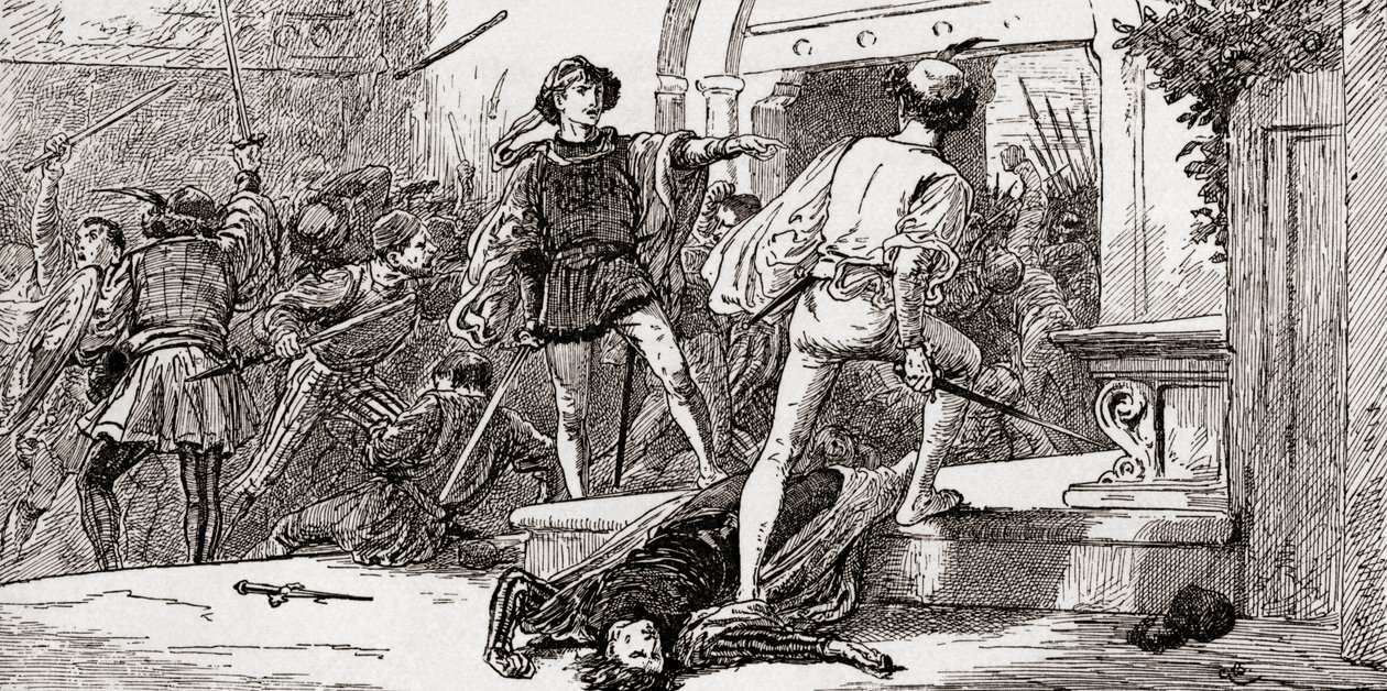 Tybaltin tappoi Romeo, kohtaus William Shakespearen Romeo ja Julia, näytös III, kohtaus 1, William Shakespearen teoksista, julkaistu 1896 tekijältä Gordon Frederick Browne