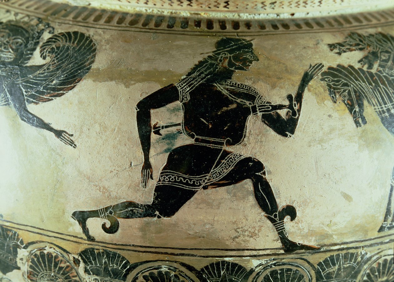 Perseus pakenee Gorgoneja, yksityiskohta ullakon mustahahmoisesta dinosta, Kreikka, n. 590 eKr. (keramiikka) tekijältä Gorgon Painter