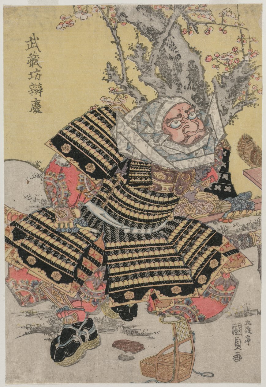 Musashibo Benkei polvillaan luumupuun vieressä, n. 1810-luvun puolivälissä tai loppupuolella. tekijältä Gototei Kunisada