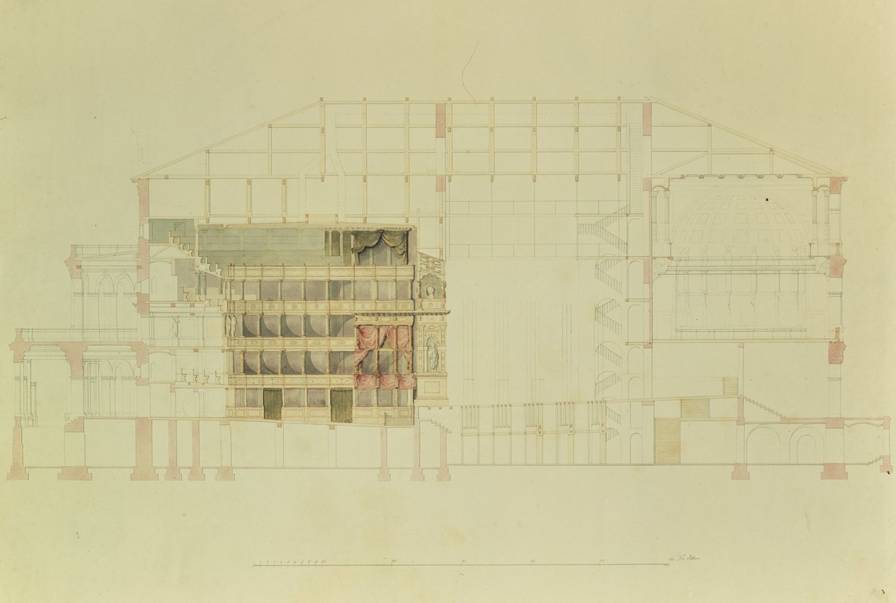 Suunnitelma Dresdenin kuninkaalliseen teatteriin, n. 1838 (kynä ja muste ja wc paperilla) tekijältä Gottfried Semper